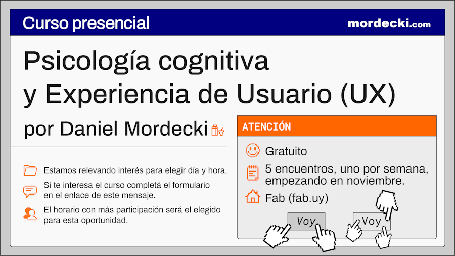 anuncio del Curso de Psicología Cognitiva y Experiencia de Usuario, gratuito, 5 encuentros uno por semana en Fab
